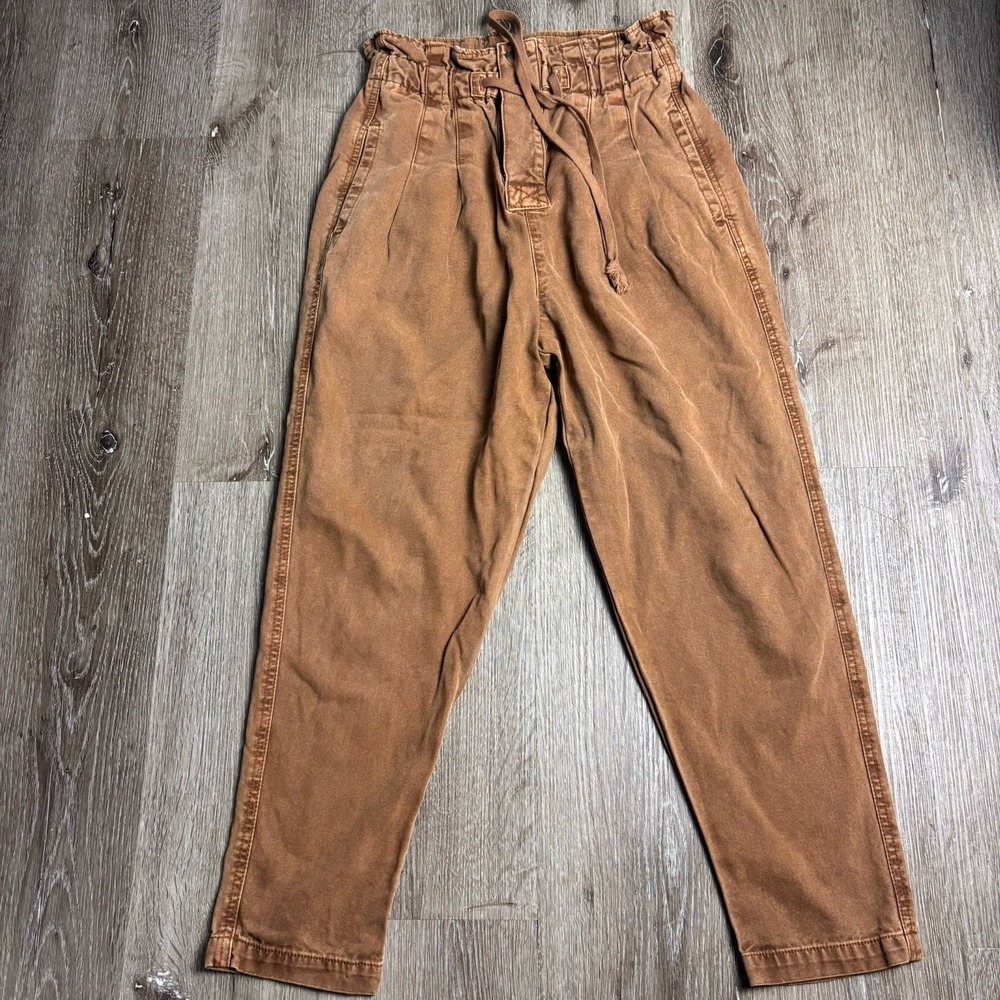 Free People Margate Pleated Paperbag Button Fly Trousers Camel Brown XS Pants